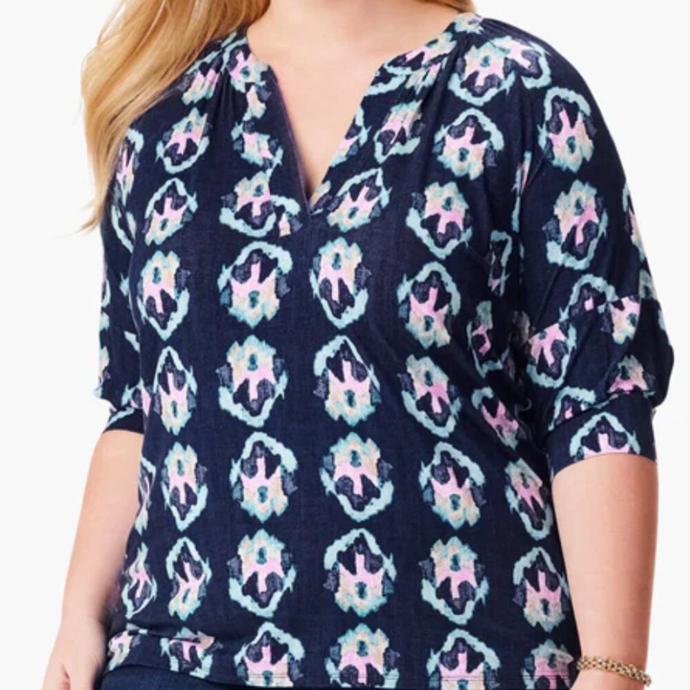 Nic+Zoe Ocean Batik Elbow-Length Top Navy/Pink/Light Blue Plus 1X EUC